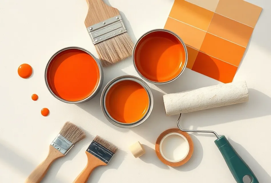 Pots de peinture, nuancier, brosses et rouleaux disposés à plat