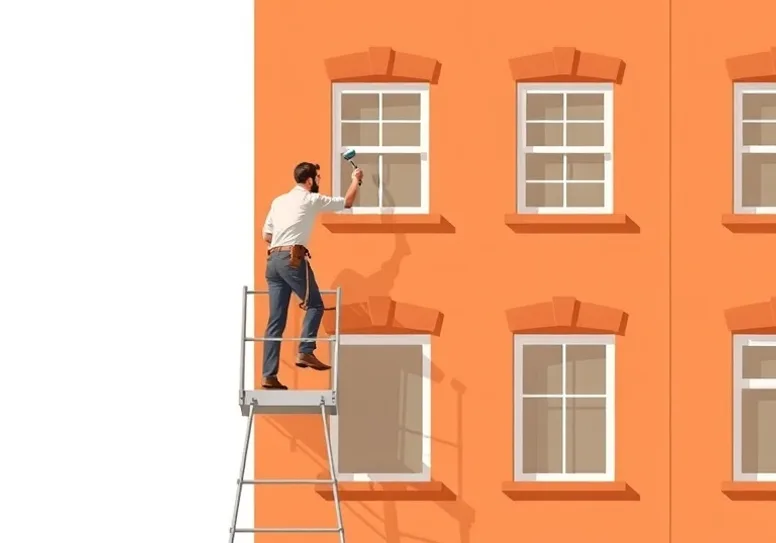 Peintre sur échafaudage traitant la façade d'une maison