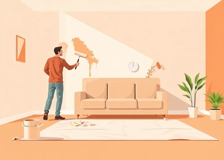 Peintre appliquant la peinture au rouleau sur un mur de salon